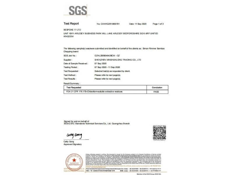 SGS food-contact test report to FDA standards