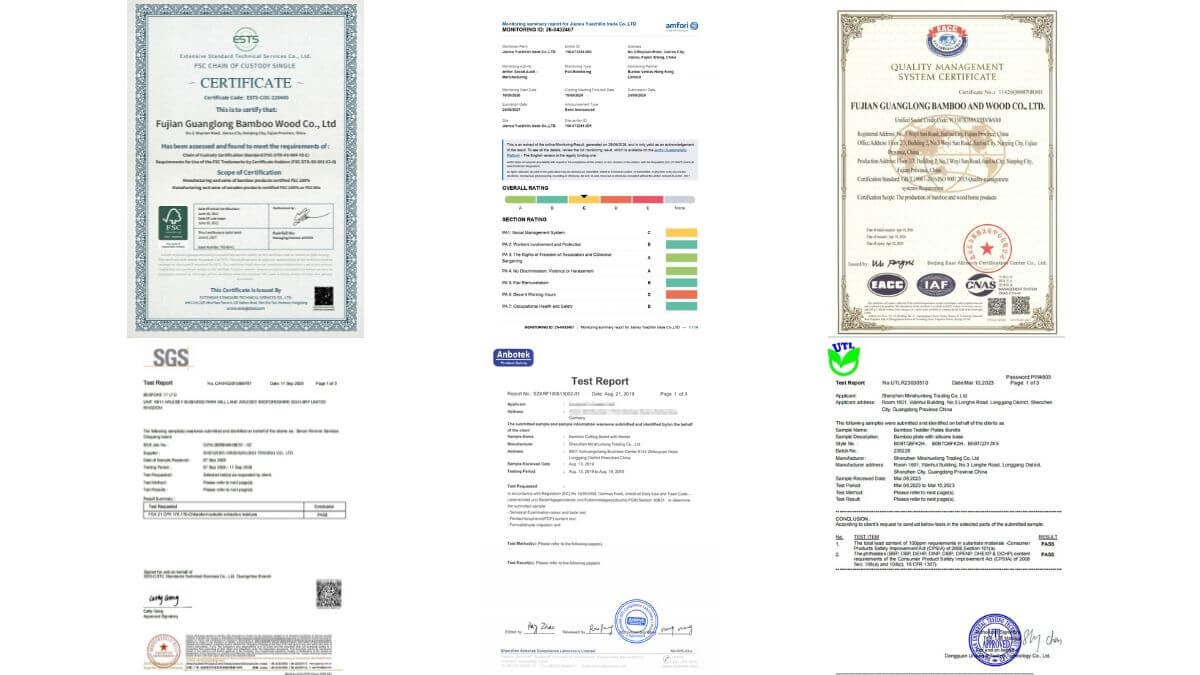 FSC BSCI ISO 9001 FDA LFGB certifications for bamboo products