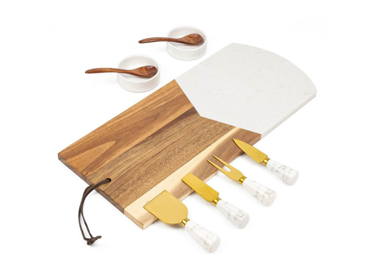 Acacia wood and marble charcuterie board with handle