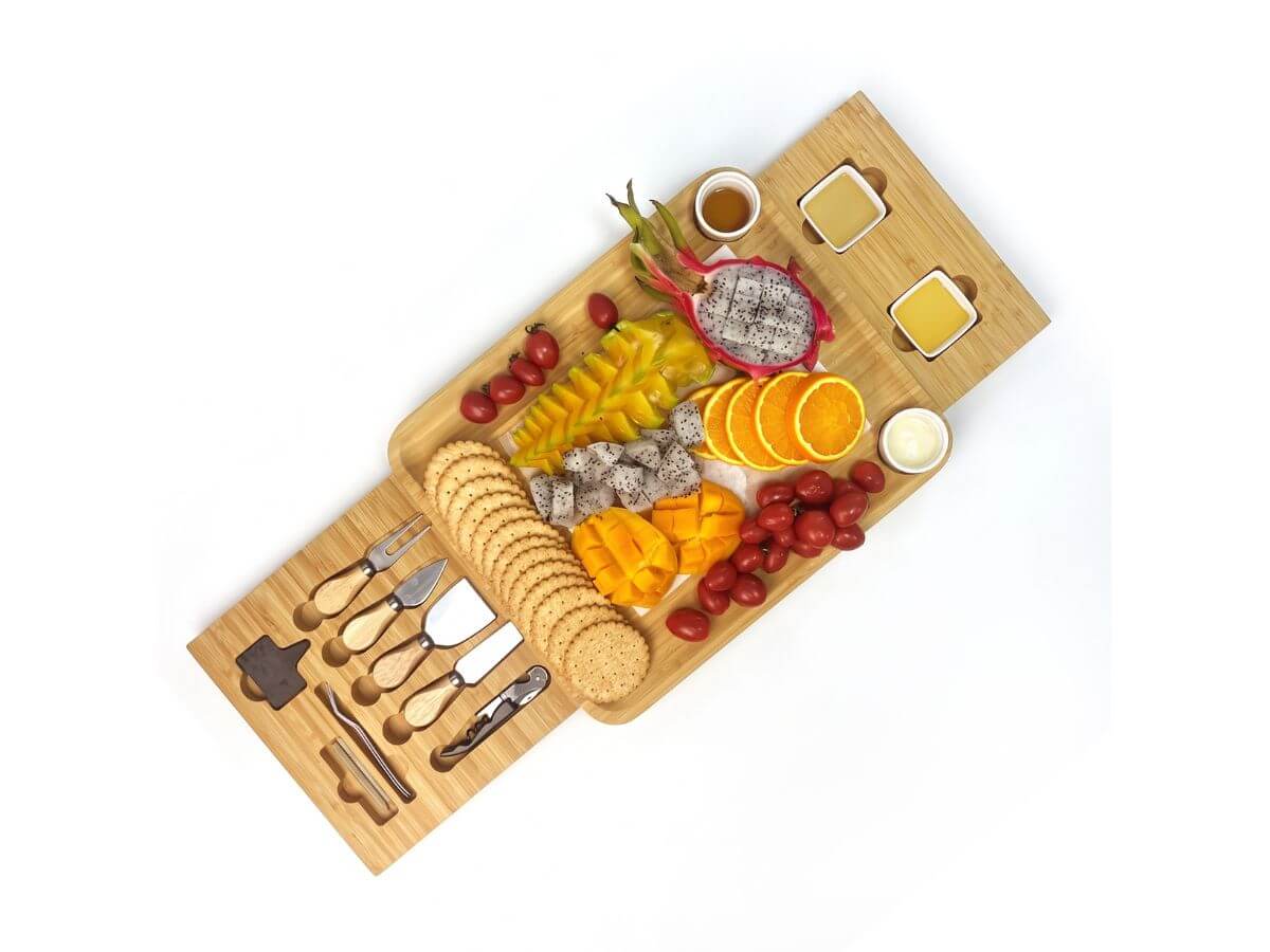 Bamboo cheese board with two pull-out drawers