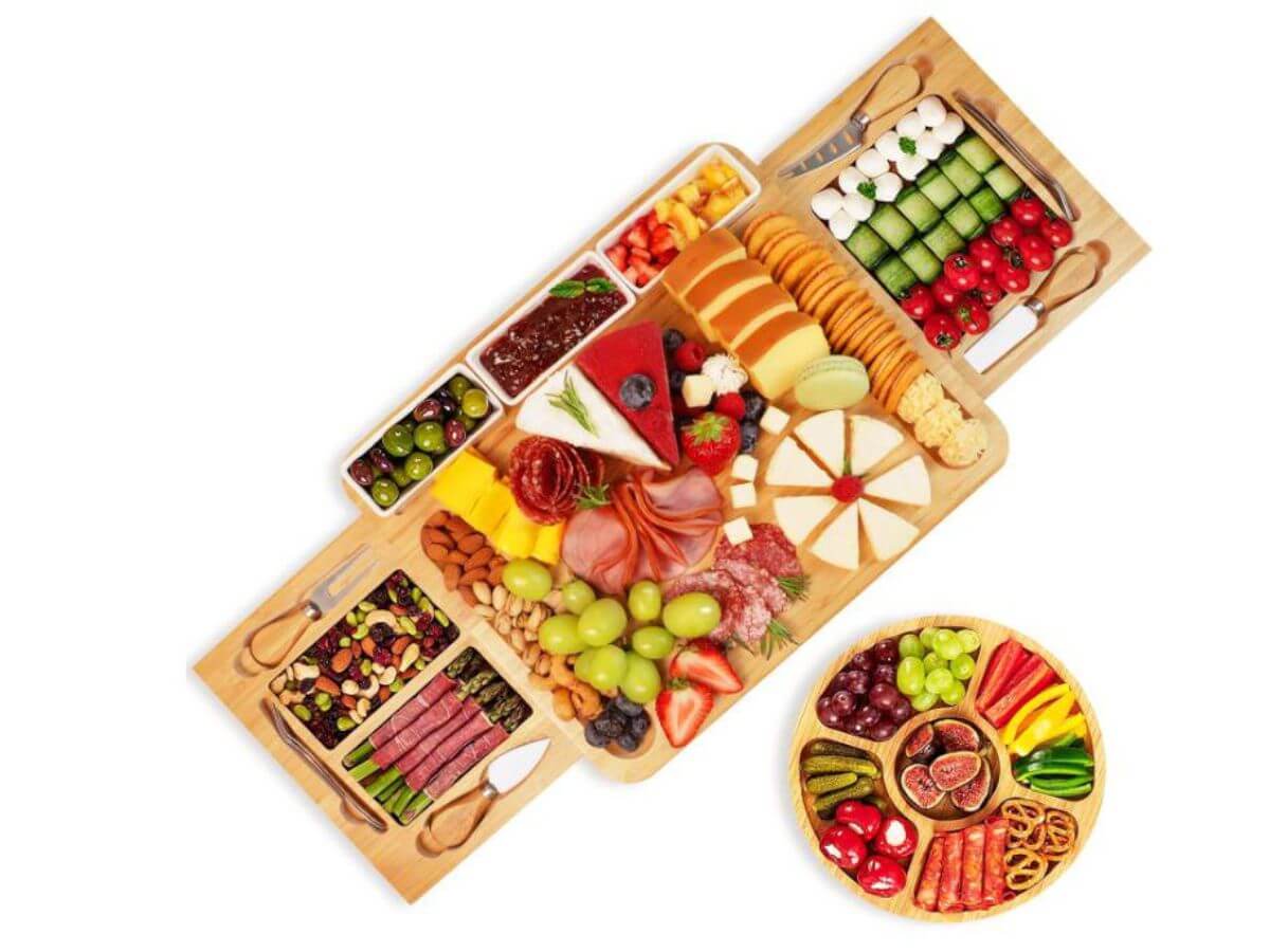 Bamboo cheese board with fruit tray and two pull-out drawers