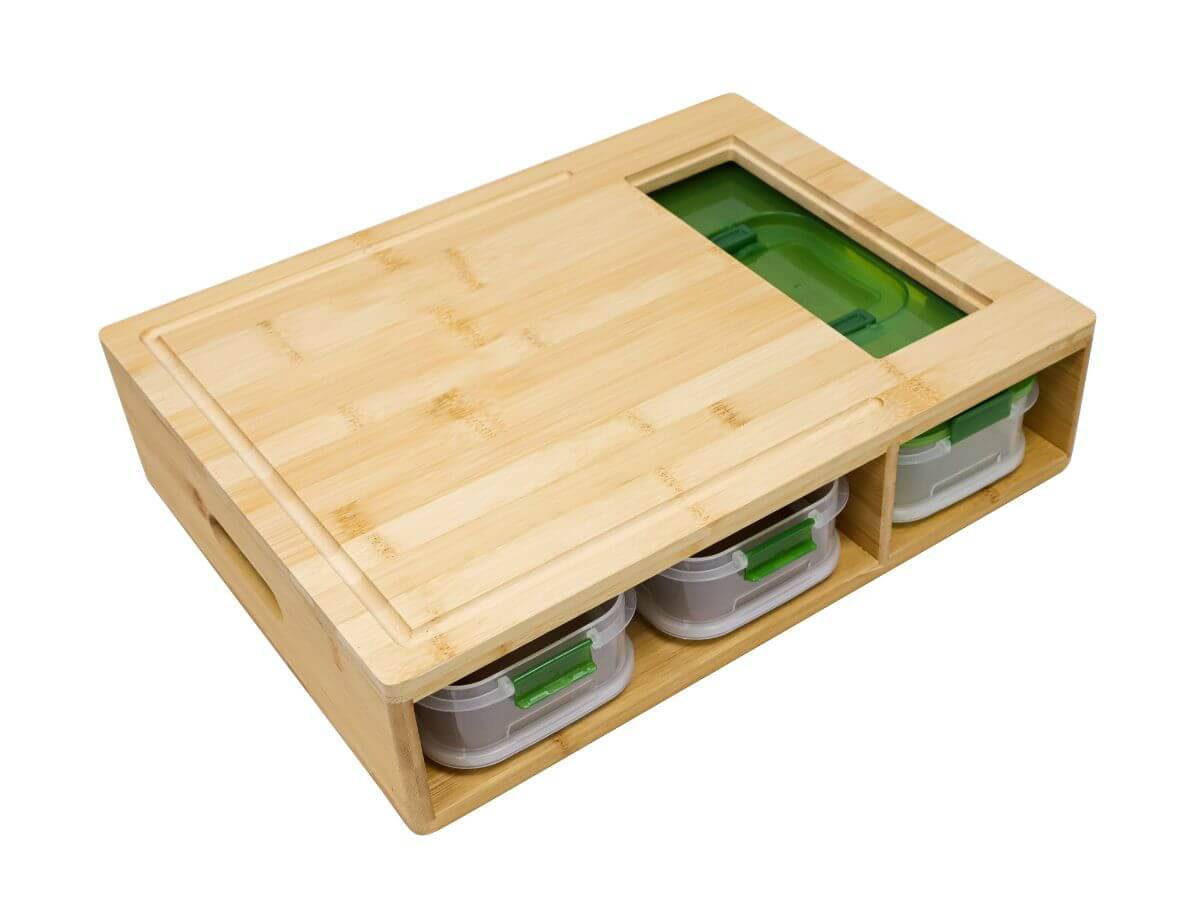 Bamboo multi-purpose prep board with flip-top storage