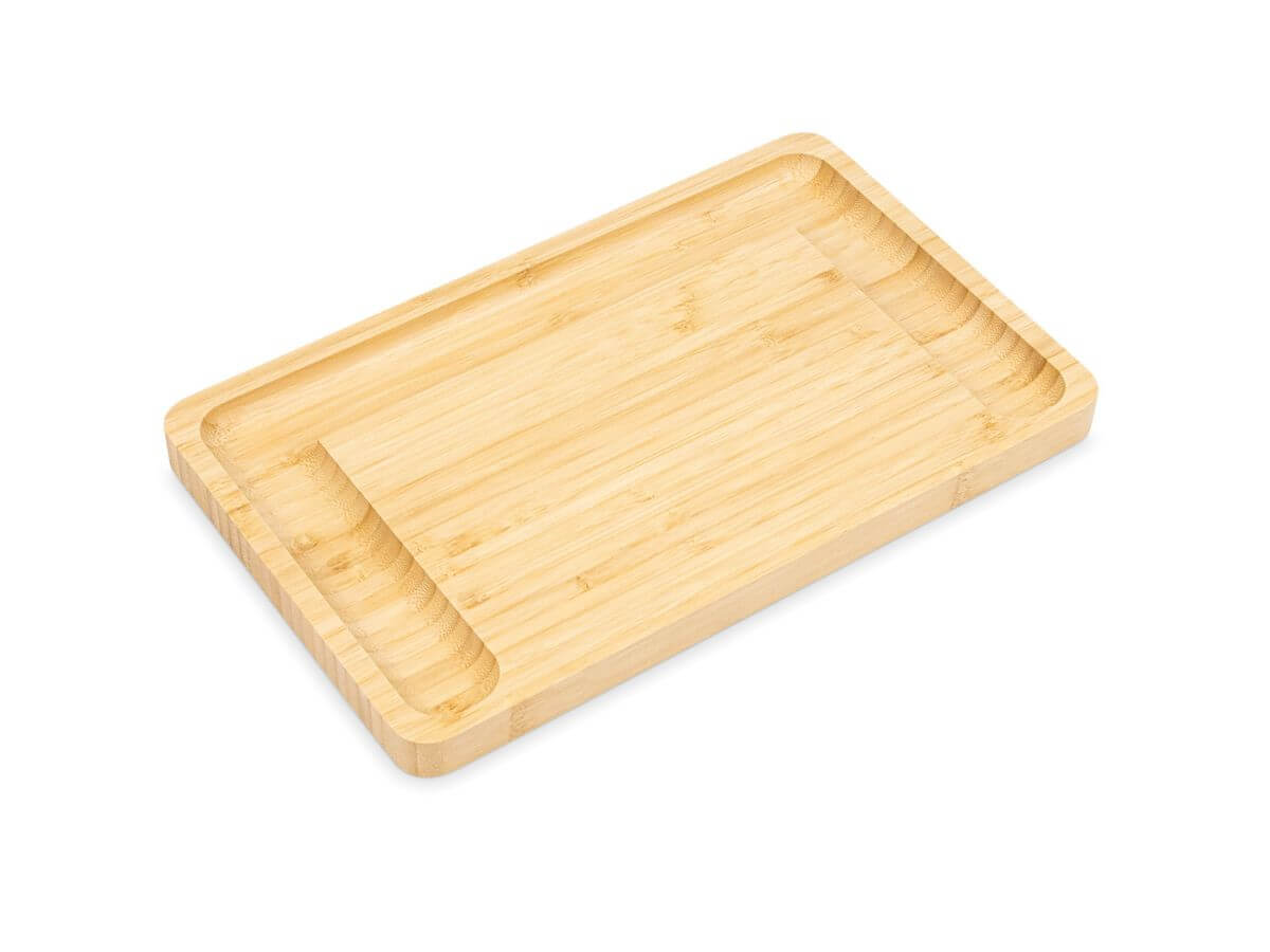 Rectangular bamboo serving tray with raised edges
