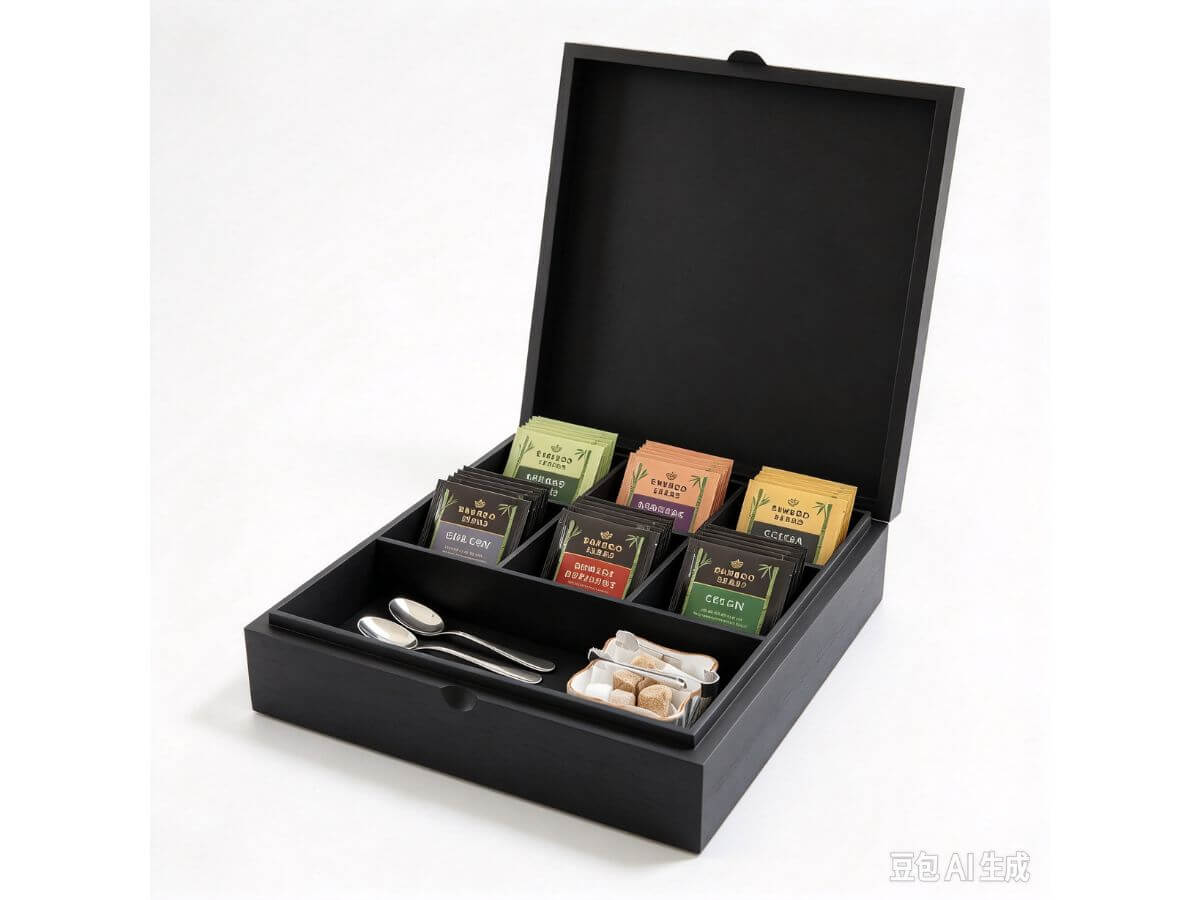Black bamboo tea box with 6 tea bag compartments and 1 long tool slot