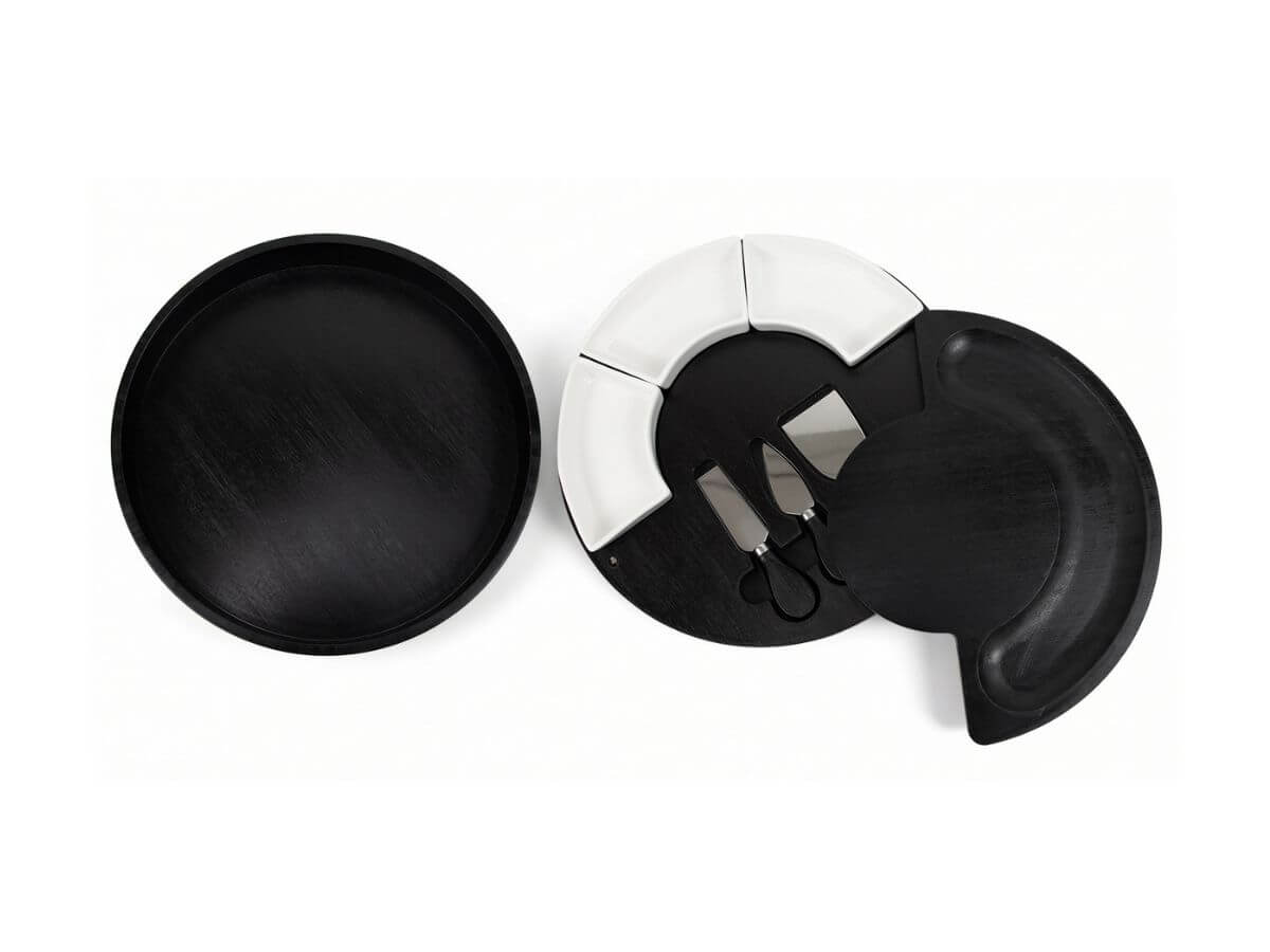 Black round rotating bamboo cheese board with hidden drawer