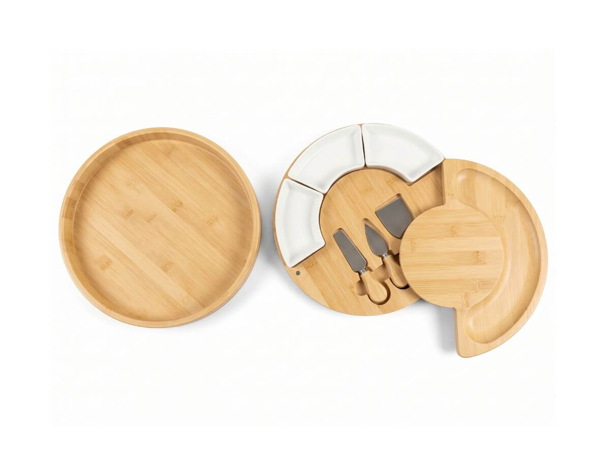 Natural bamboo round rotating cheese board with hidden drawer