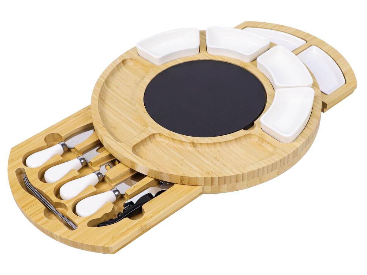 Round bamboo cheese board with two pull-out drawers