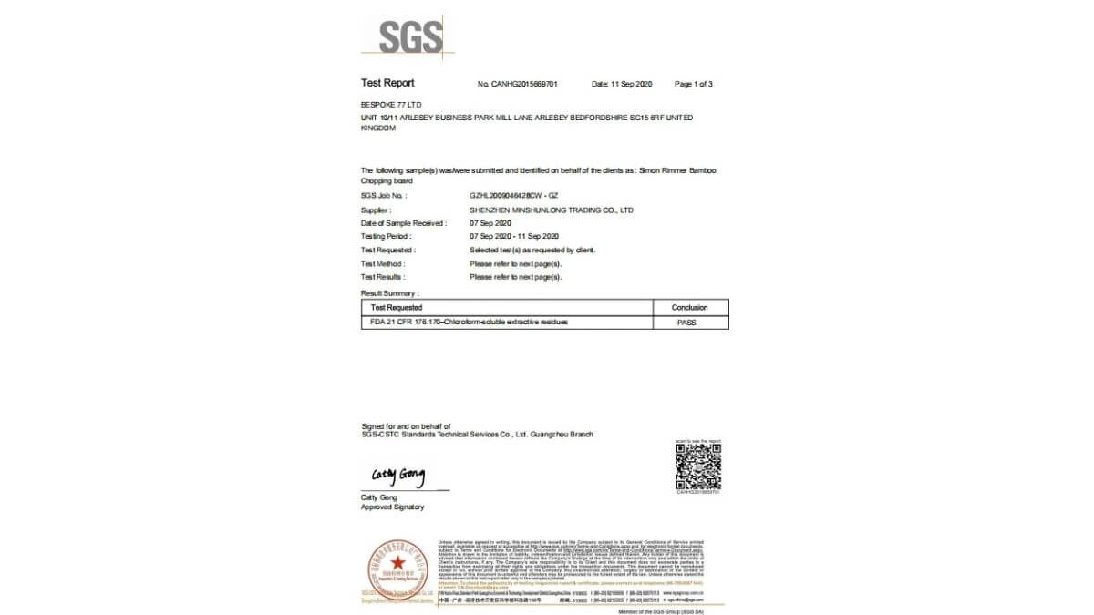 SGS food-contact test report to FDA standards