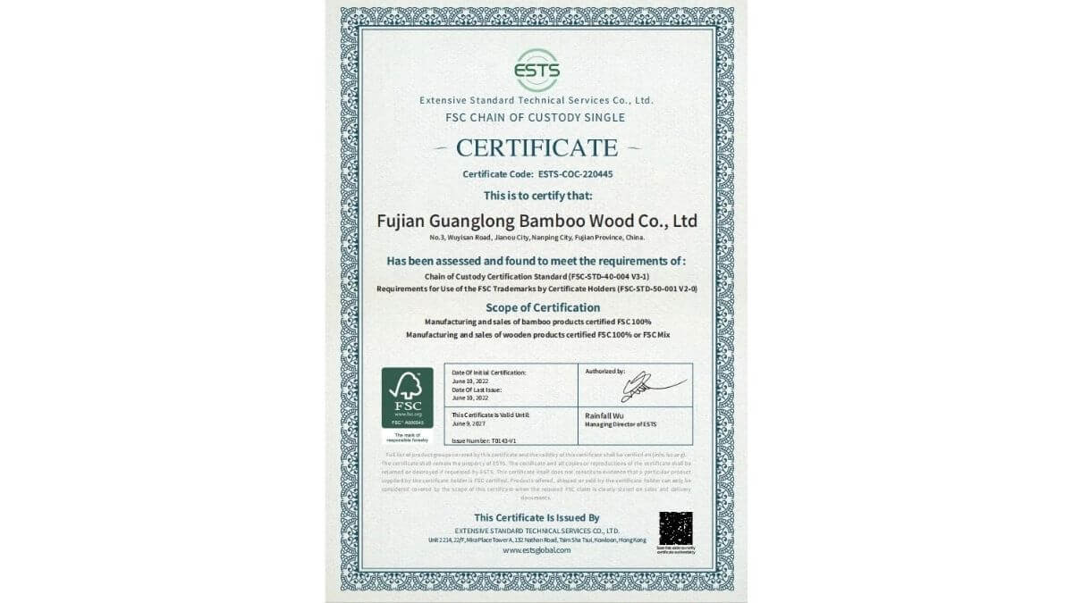 FSC Chain-of-Custody certificate for sustainable forestry