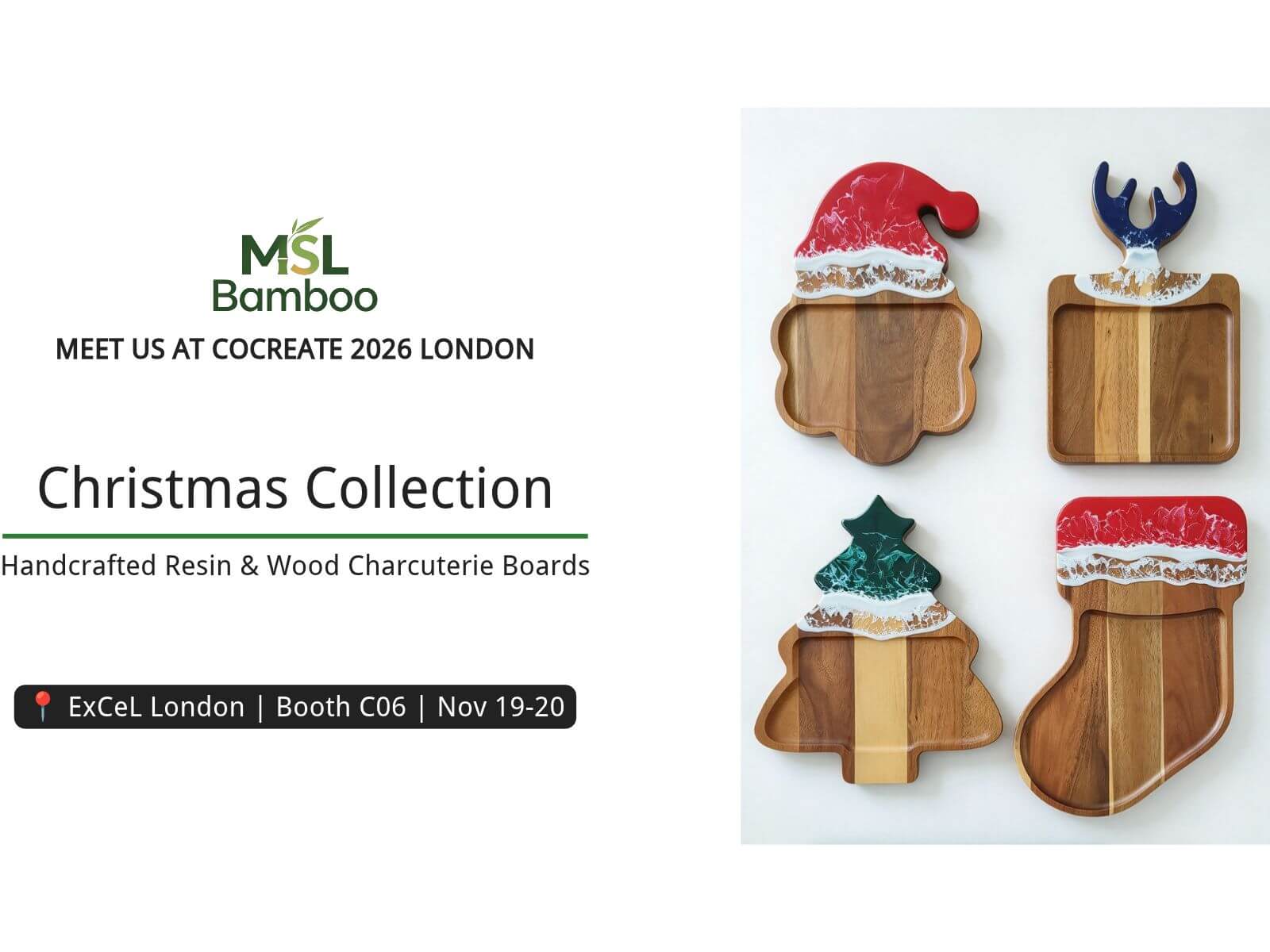 Christmas-themed resin and wood charcuterie boards at CoCreate 2026 London