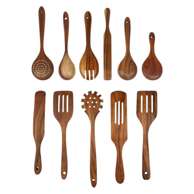 11-piece wooden kitchen utensil set including slotted spoon, long cooking spoon, salad fork, rolling pin, seasoning spoon, rice paddle, narrow spatula, 3-slot spatula, pasta server, long slotted turner, and wide slotted turner.