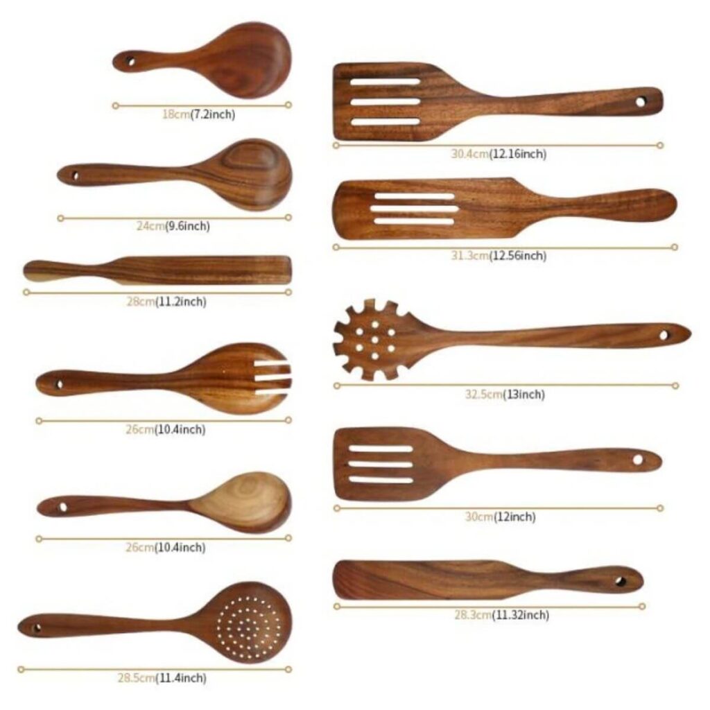 11-piece wooden kitchen utensil set dimensions: lengths from 7.2 to 13 inches.