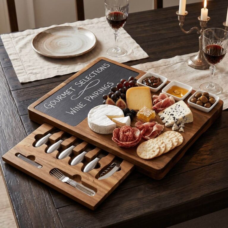Acacia charcuterie board with removable slate inlay, hidden drawer, ceramic bowls, cheese knives, forks, and corkscrew.