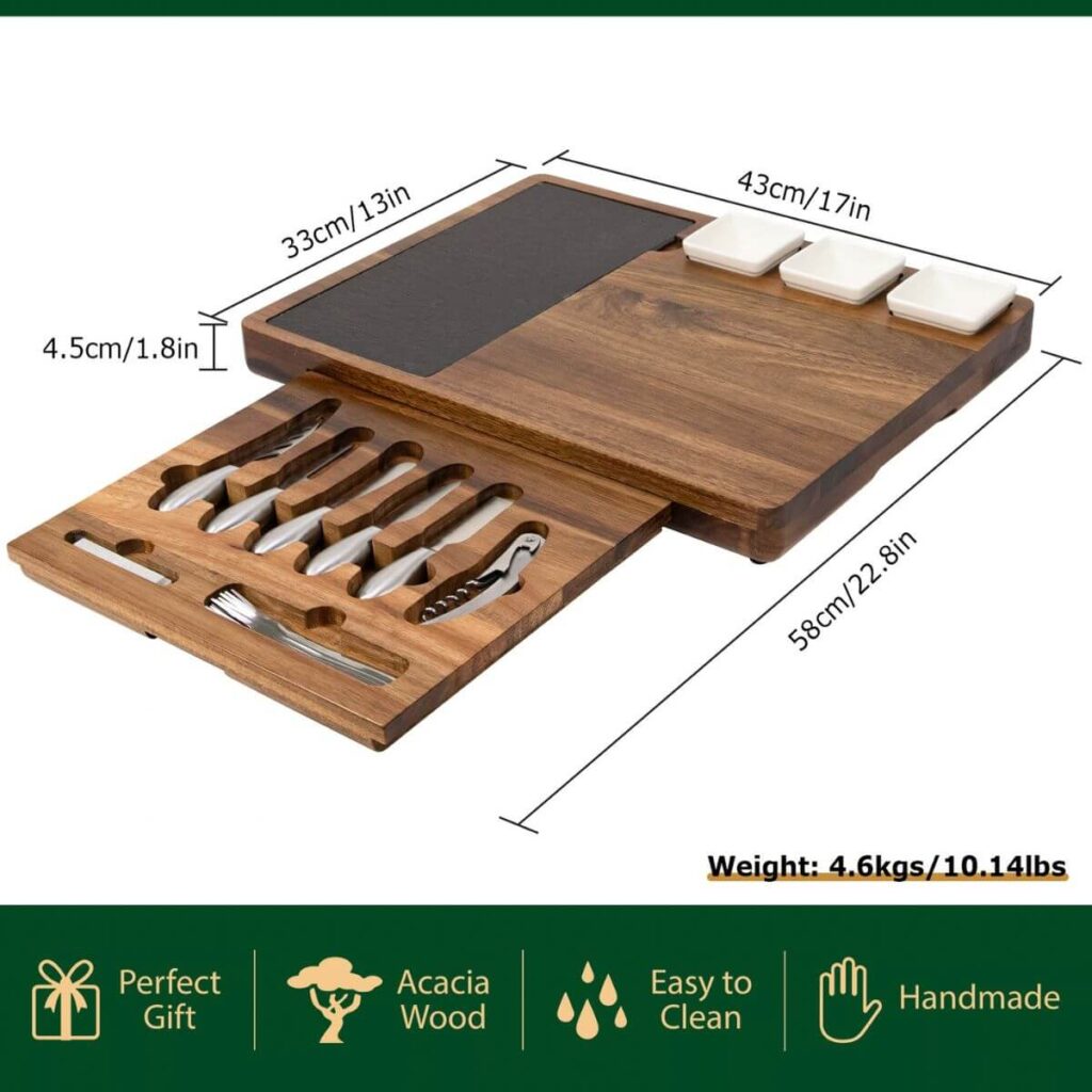 Acacia charcuterie board dimensions: 17 x 13 inch board, 22.8 inch extended length, 1.8 inch height, 10.14 lbs.