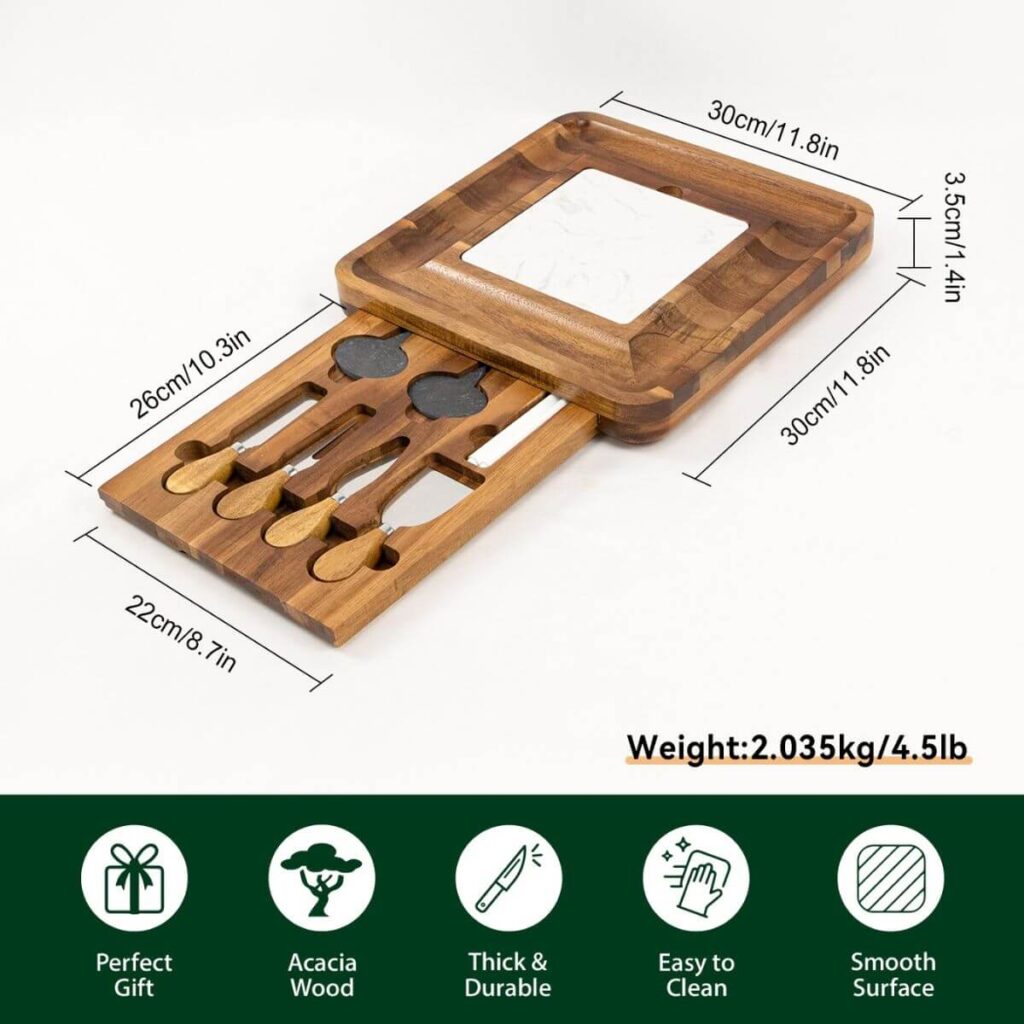 Acacia cheese board with marble dimensions: 11.8 x 11.8 inch board, 1.4 inch height, 10.3 x 8.7 inch drawer.