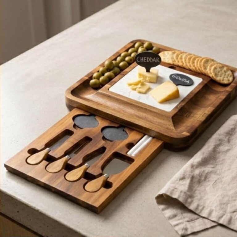 Acacia cheese board with removable marble center, cracker groove, and hidden pull-out drawer.