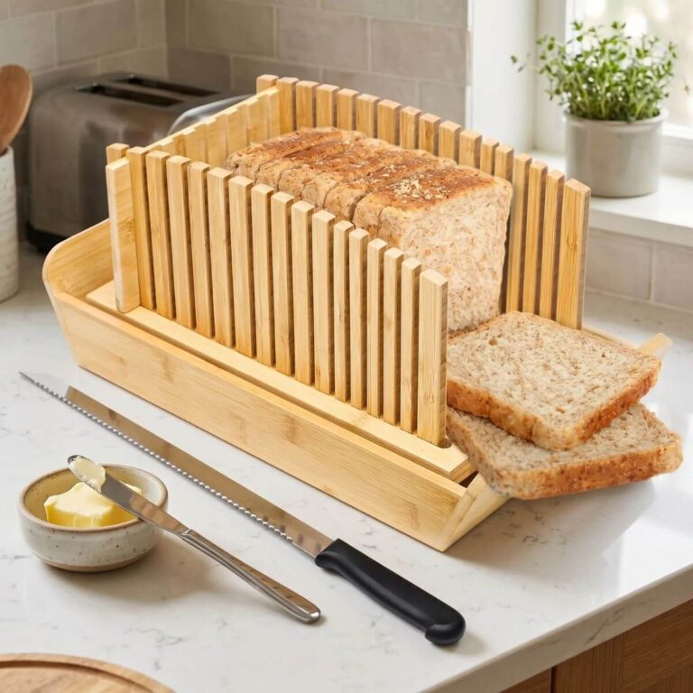 Foldable Bamboo Bread Slicer with Crumb Catcher Tray