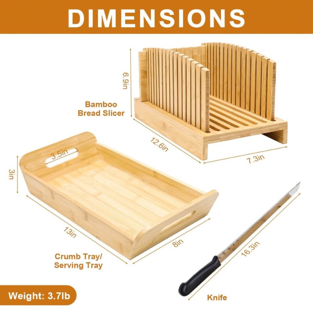 Bamboo bread slicer dimensions: slicer 12.6 x 7.3 x 6.9 in, crumb tray 13 x 8 x 3 in, knife 16.3 in.