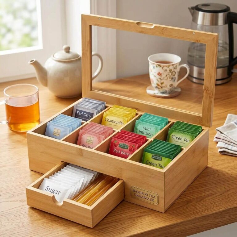 Bamboo Tea Bag Organizer with Drawer & Clear Lid