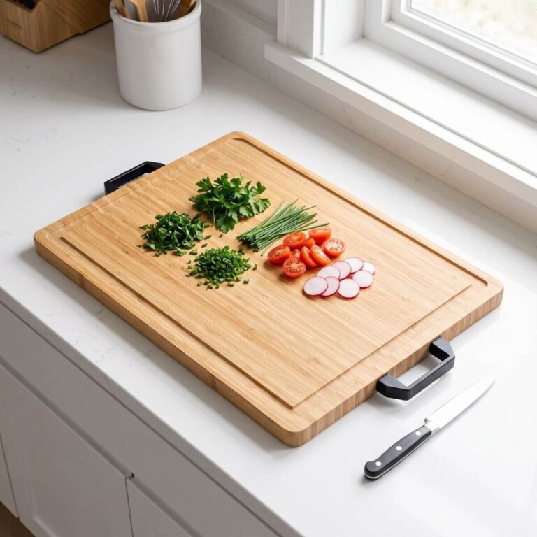 Custom bamboo cutting board with dual matte black metal handles on both ends.