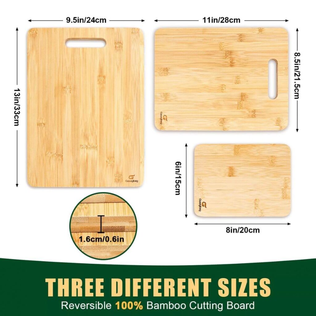 Bamboo cutting board set of 3 dimensions: large 33x24 cm, medium 28x21.5 cm, small 20x15 cm, all 1.6 cm thick.