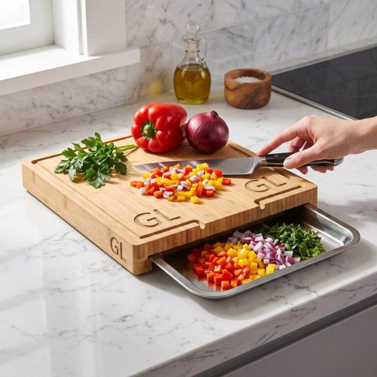 Bamboo Cutting Board with Side Pull-Out Stainless Steel Tray
