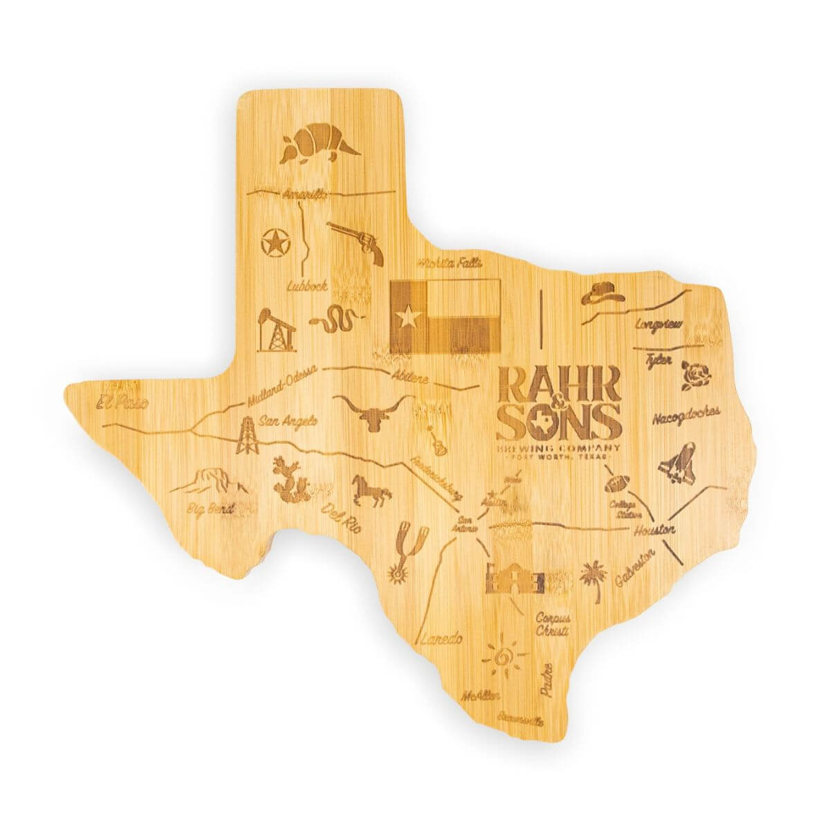 Custom map shape bamboo cutting board with laser-engraved map art, front side.