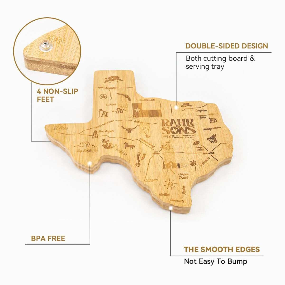 Custom map shape bamboo cutting board features: laser engraving, non-slip feet, and thick bamboo construction.