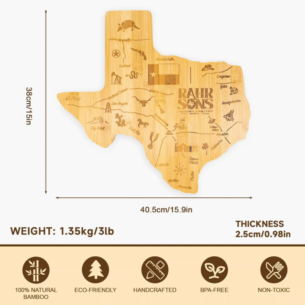 Custom map shape bamboo cutting board dimensions: 15.9 x 15 x 0.98 inches.