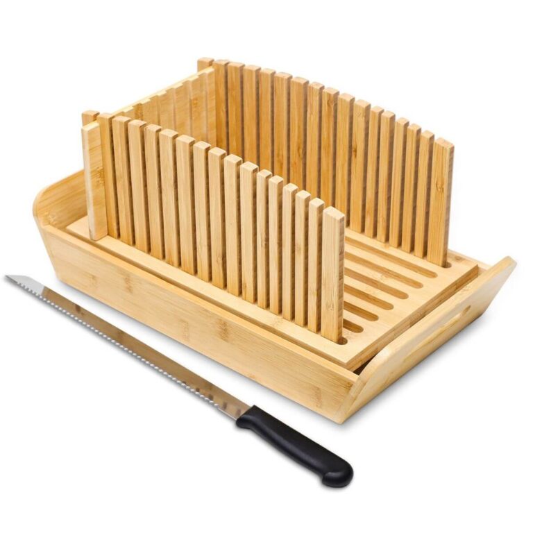 Foldable Bamboo Bread Slicer with Crumb Catcher Tray