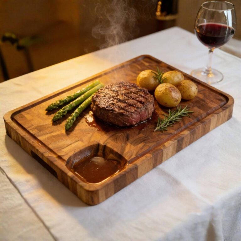 Large teak wood cutting board with juice groove, thick butcher block design, 16.7 x 10 x 1.4 inches.