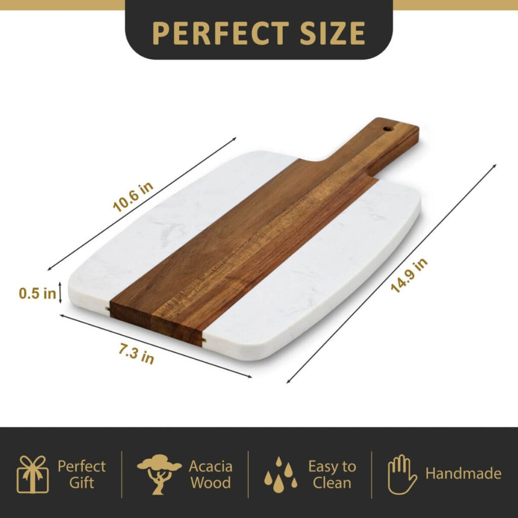 Marble and acacia wood serving board dimensions: 14.9 inch total length, 10.6 x 7.3 inch board surface, 0.5 inch thick.