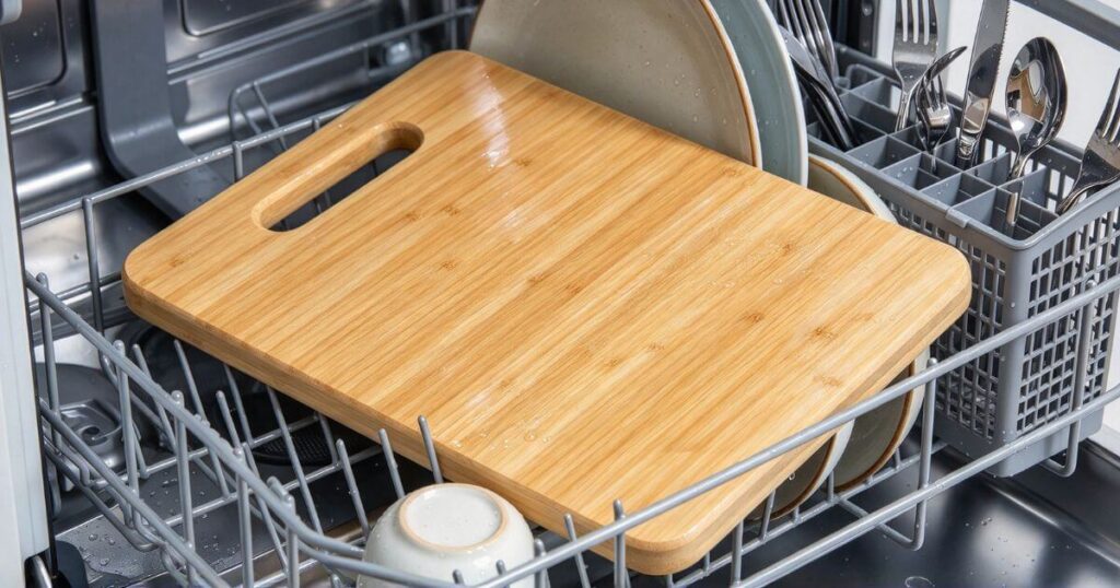 Bamboo cutting board with water-based lacquer coated back and edges in a household dishwasher