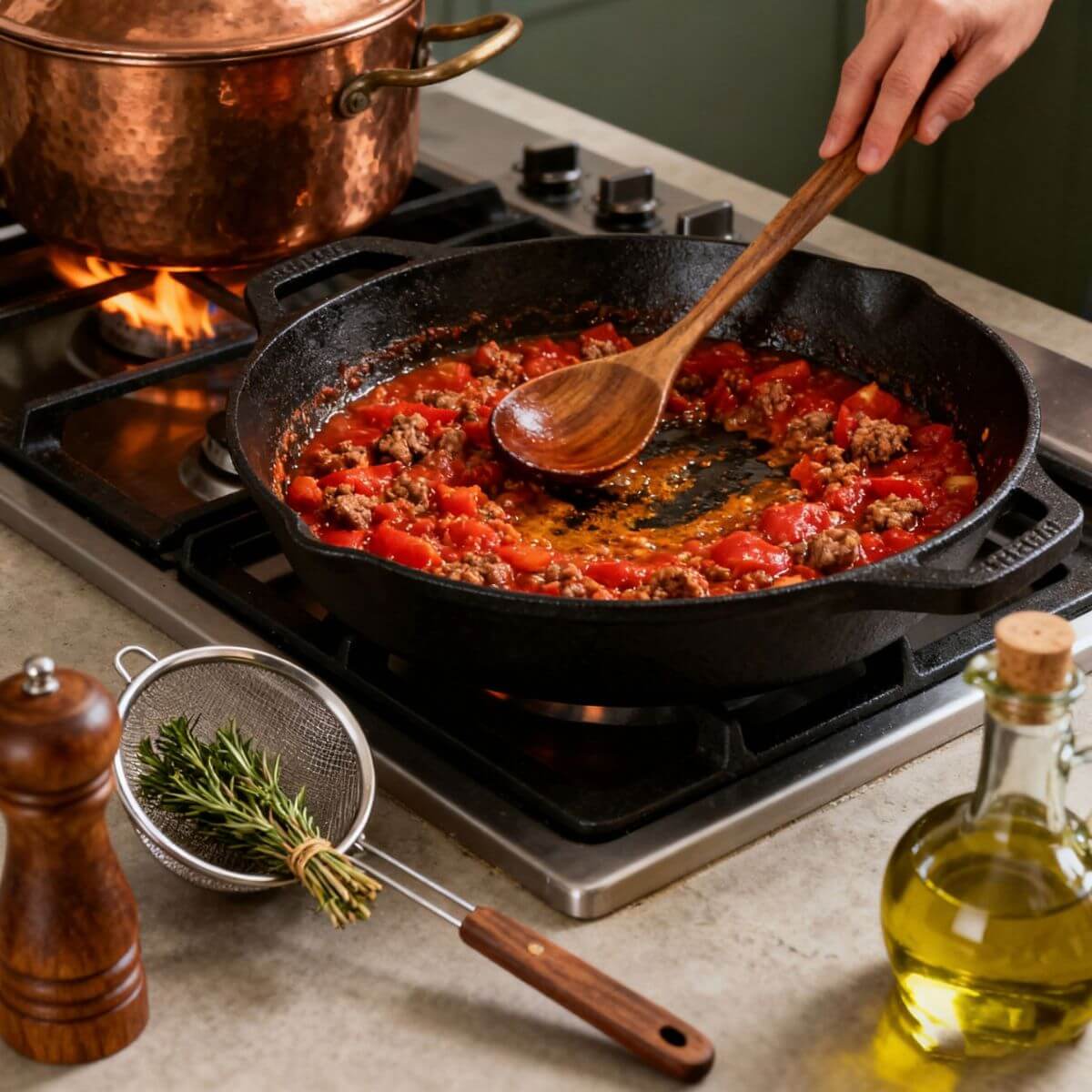 Wooden kitchen utensils used for cooking Bolognese meat sauce.