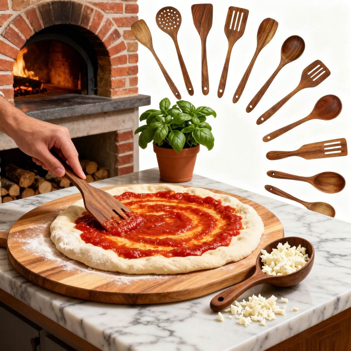 Wooden spatula spreading sauce on pizza dough.
