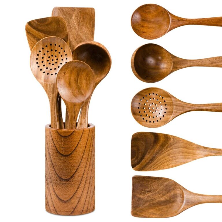 Wooden kitchen utensil set with holder, including spoon, deep spoon, slotted strainer, angled spatula, and flat spatula.