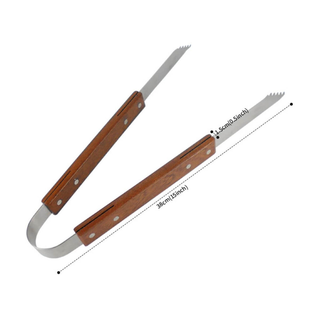 15-inch BBQ tongs dimensions: 38 cm total length, 1.5 cm thick wooden handle grips.