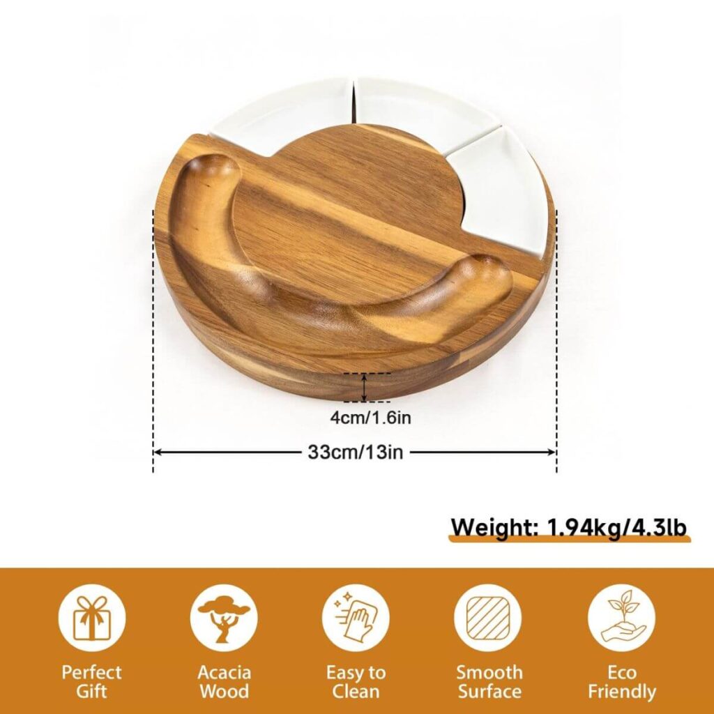 180° swivel acacia cheese board dimensions: 13 inch diameter, 1.6 inch closed height, 4.3 lbs.