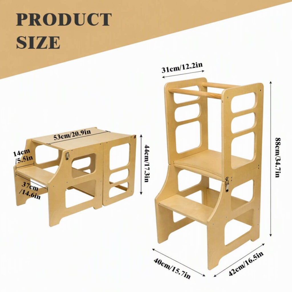 2-in-1 convertible toddler tower dimensions: standing 88 cm height, 40 cm width, 42 cm length; table-chair mode 53 cm length, 44 cm height, 37 cm seat width.