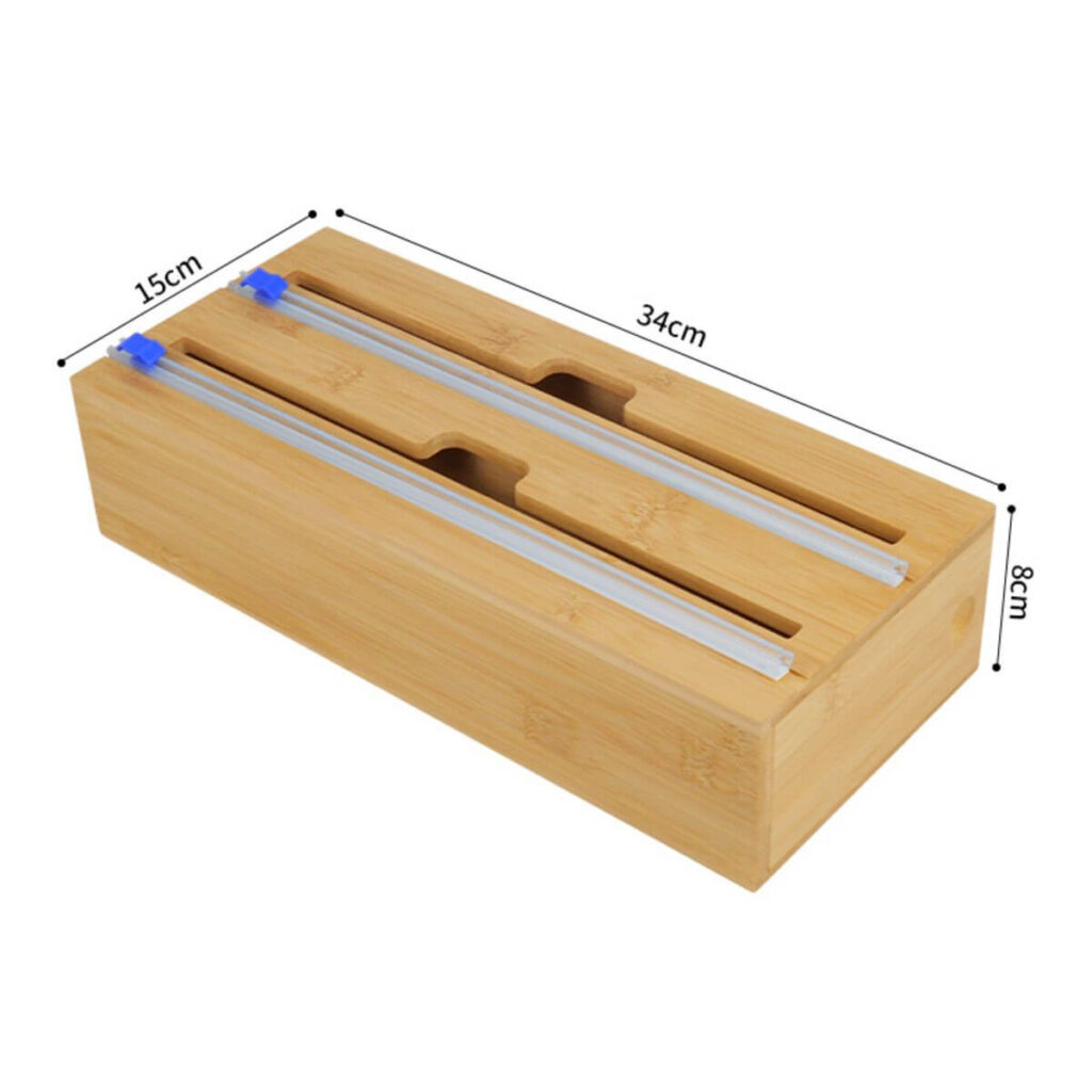 2-slot bamboo wrap dispenser dimensions: 34 x 15 x 8 cm.