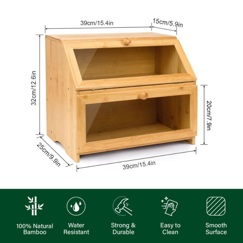 2-tier bamboo bread box dimensions: 15.4 x 9.9 x 12.6 inches, top tier 5.9 inch depth, bottom 7.9 inch height.