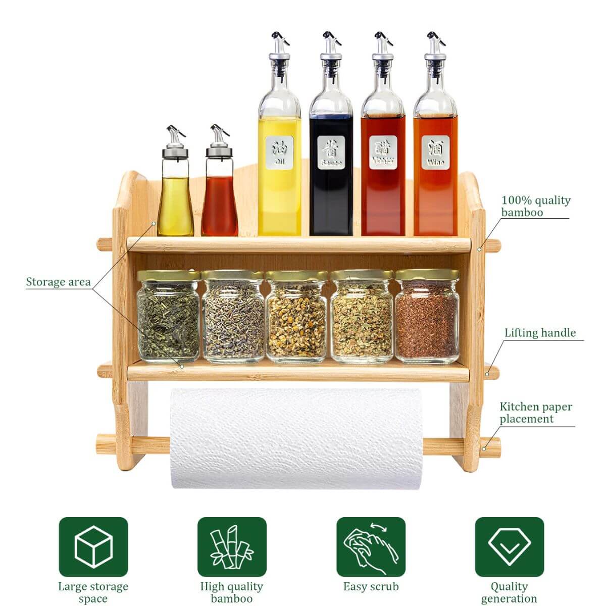 100% quality bamboo, lifting handle, storage area, kitchen paper placement, easy scrub, high quality bamboo, large storage space.