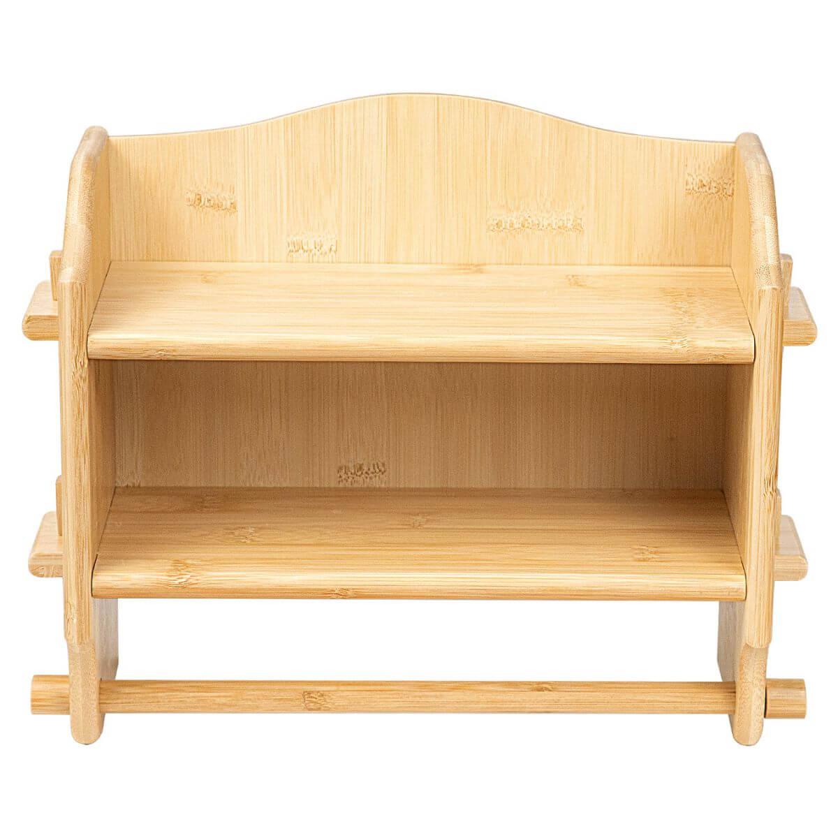 2-tier bamboo spice rack organizer with paper towel holder, front view on white background.
