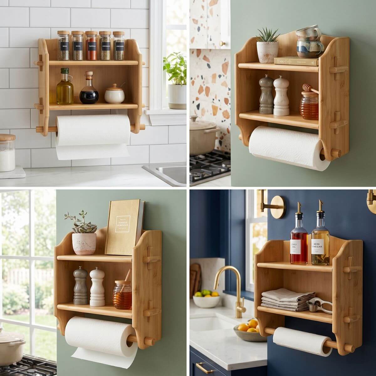 Four-panel kitchen scene of the 2-tier bamboo spice rack in use.