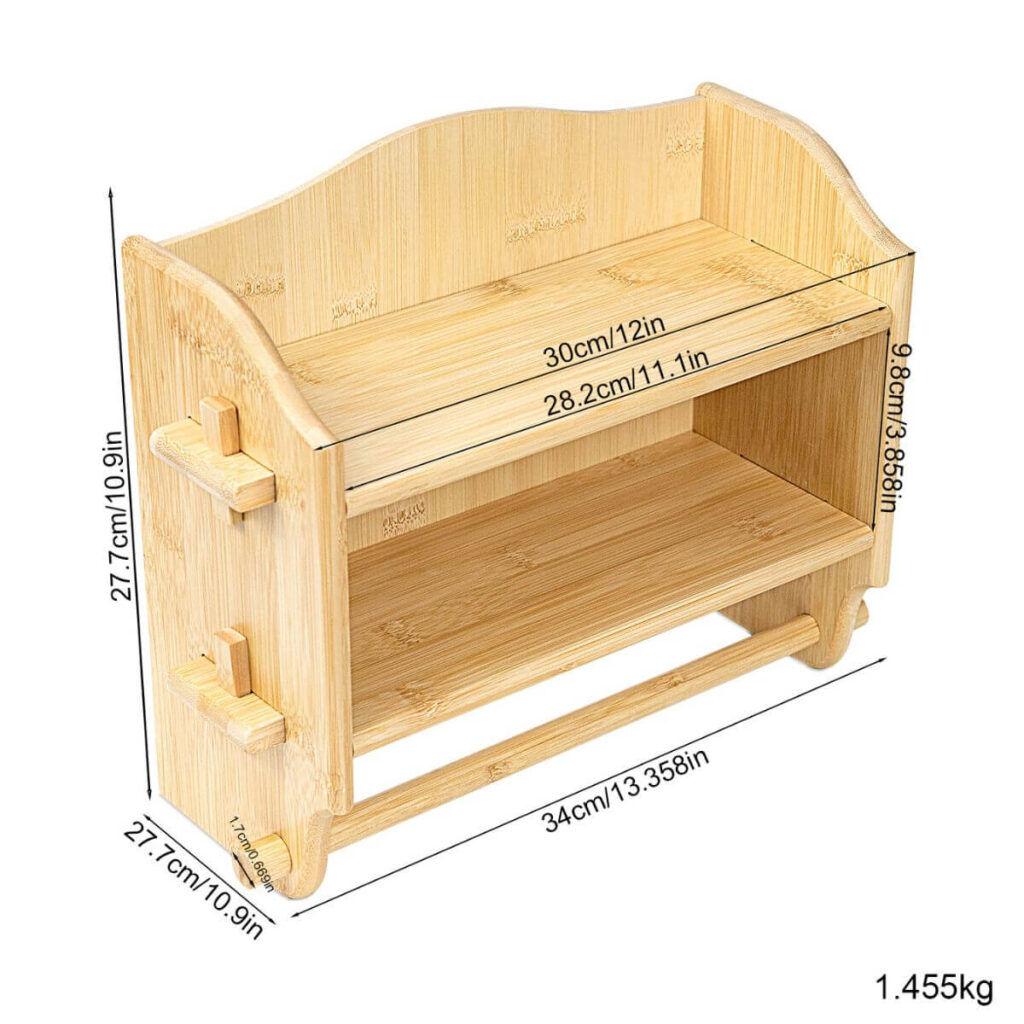 2-tier bamboo spice rack dimensions: 10.9 inch height, 13.4 inch width, 10.9 inch depth, 1.455 kg.