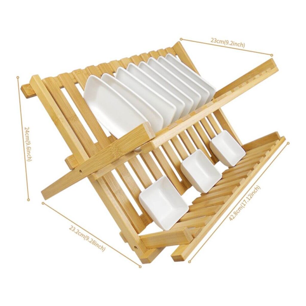 2-tier bamboo dish rack dimensions: 9.6 inch height, 9.28 inch depth, 17.12 inch length.