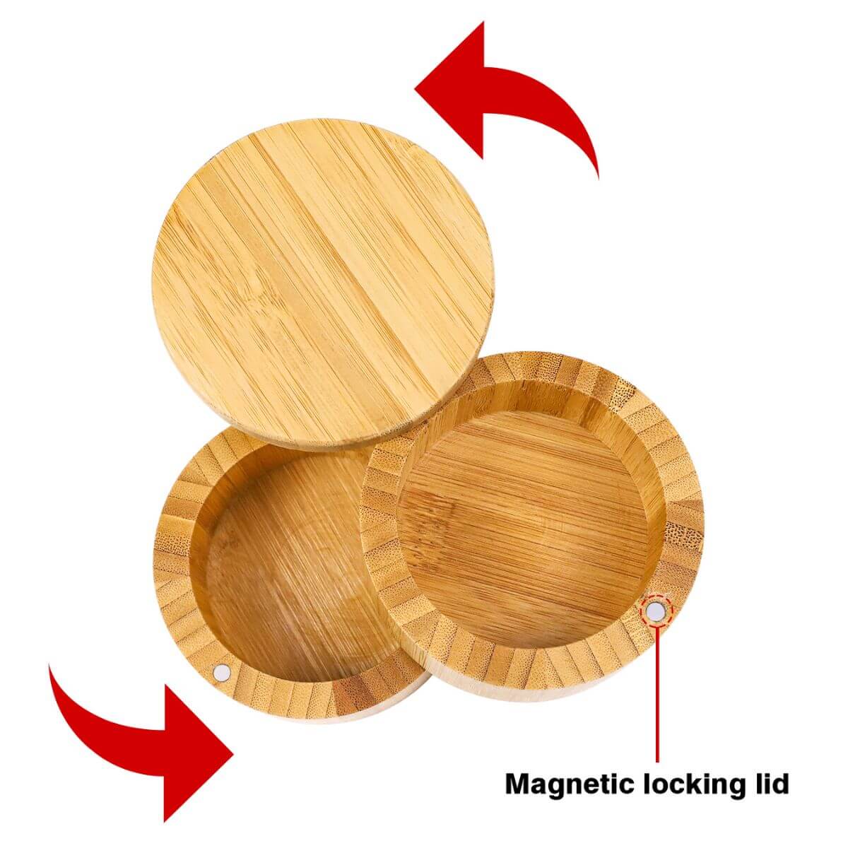 Magnetic locking lid of the 2-tier revolving bamboo salt box.