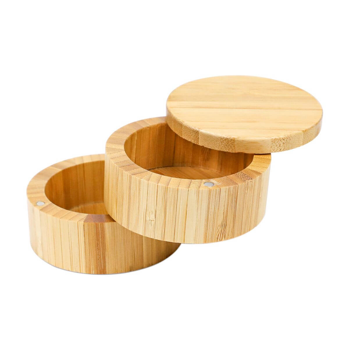 Side view of the 2-tier revolving bamboo salt box.