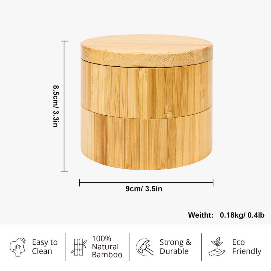 2-tier revolving bamboo salt box dimensions: 3.3 inch height, 3.5 inch diameter, 0.4 lb.