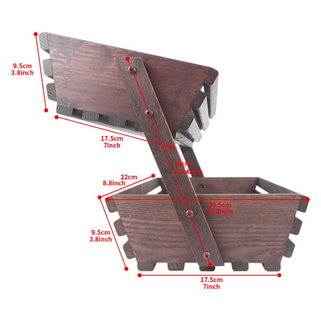 2-tier rustic wooden basket dimensions: 14.2 inch height, 12.2 inch depth, single basket 3.8 inch height.